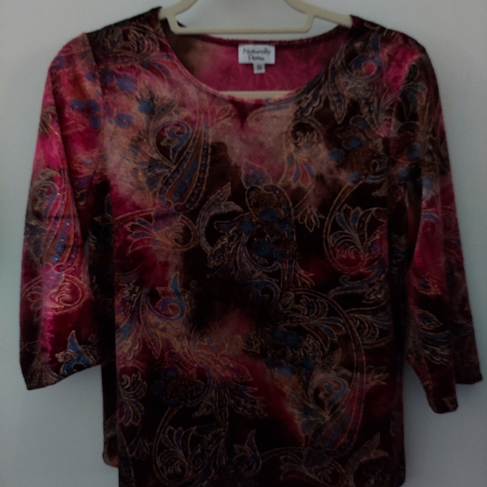 **Wow** Naturally Petite 3/4 Sleeve Velvety Gold Floral Top Small